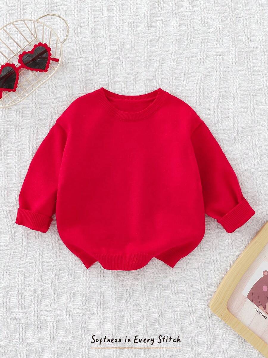 Cozy Pixies Baby Girl Colorblock Bow Decor Round Neck Drop Shoulder Pullover Sweater, Casual & Versatile For Autumn/Winter - Apricot - View 1