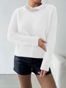 SHEIN Clasi 女士优雅串珠圆领毛衣，秋冬新年服装 - 白色 - 查看 3