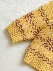 SHEIN Vintaside Kids Baby Boys Knit Sweater Set,Shawl Collar Pullover & Pants,Winter Snowflake Pattern,Brown And Yellow Polka Dot,Autumn,Modest,Matching Family,Toddler - Multicolor - View 3