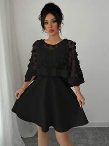 Elenzga Váy voan trơn màu thanh lịch dành cho nữ có cổ áo choàng lưới họa tiết hoa anh đào - màu đen - Xem 3