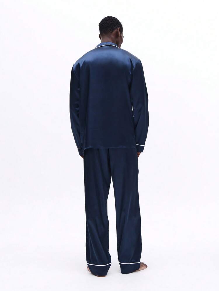Long Sleeve Button Pajama Set With Contrast Piping