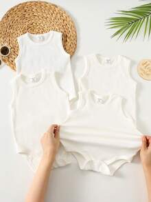 SHEIN 4 buc/set body drăguț casual, culoare solidă, tricotat, cu guler rotund și mânecă scurtă, potrivit pentru primăvară/vară, bebeluși băieți/fetițe - alb - Vizualizare 6