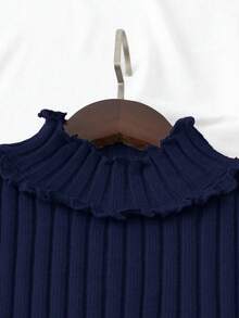 Franclia 优雅博主风罗纹针织毛衣，饰有荷叶边，长袖，时尚设计 - 寶藍色 - 查看 3