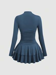 SHEIN PETITE 女士红色长袖高领褶皱腰身复古连衣裙，秋冬款 - 藍色 - 查看 2