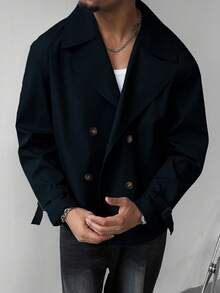 Manfinity Homme Men's Casual Everyday Commute Fashion Simple Solid Color Lapel Collar Double-Breasted Trench Coat, Autumn Dark Academia Clothes Men Double Breasted Blazer Men Navy Jacket Men Cropped Blazer Men Double Breasted Jacket,A Stylish Streetwear Versatile Item, Perfect As A Gift For Your Boyfriend. - Black - View 4