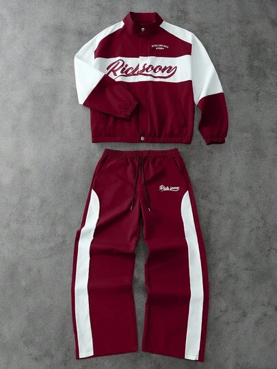 PAVTROS Tuta casual da uomo con giacca e pantaloni a maniche lunghe con stampa di lettere e colore a contrasto