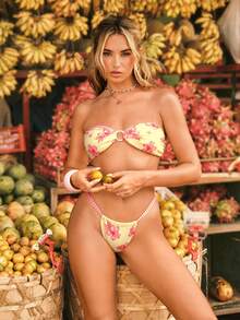 Swim Mod Conjunto de Maiô Bikini Bandeau Reversível com Estampa Floral Feminino - Multicolorido - Visão 3