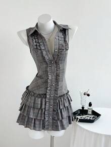 Elamini Women's Plaid Print Ruffle Hem Fitted Sleeveless Dress - Grey - View 1
