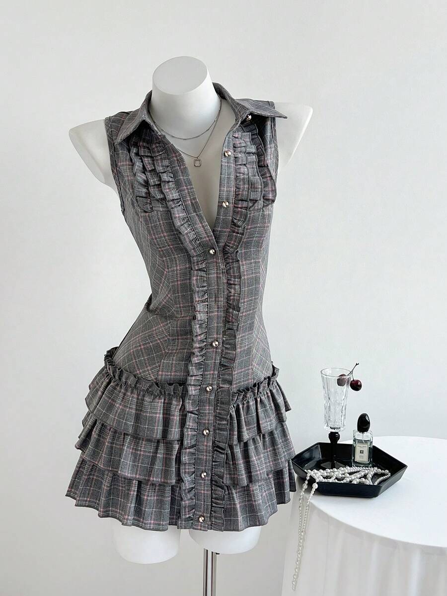 Elamini Women's Plaid Print Ruffle Hem Fitted Sleeveless Dress - Grey - View 1