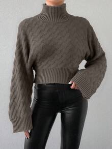 EURMUSE Short High Neck Jacquard Sweater - Brown - View 4