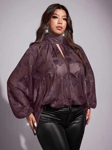 Viva Relle Blusa oversize da donna con motivo floreale jacquard, maniche a lanterna, sexy con fiocco