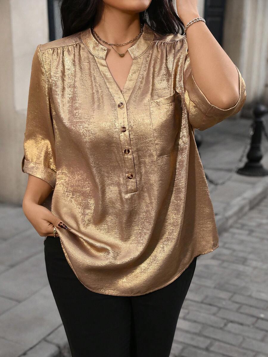 SHEIN 大码女式休闲宽松金色涂层面料派对短袖衬衫,秋季款 - 金色 - 查看 1