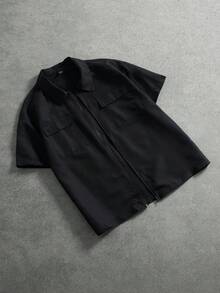 PAVTROS Men's Plus Size Solid Color Zipper Pocket Short Sleeve Summer Shirt Jacket - Black - View 3