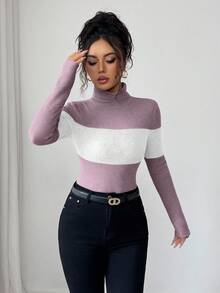 Elenzga Women's Turtleneck Patchwork Long Sleeve Bodysuit, Fitted, Contrast Color, Autumn/Winter Sexy Bodysuit One Piece Bodysuit Women Bodysuits Sexy Women Clothes - Pink - View 3