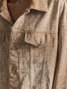 Easelle Áo khoác denim giặt đính đá pha lê cổ điển dành cho nữ - màu nâu - Xem 10