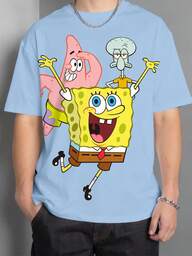 SpongeBob SquarePants | SHEIN Camiseta de manga corta y cuello redondo de verano azul, cómoda y casual con lindo diseño de dibujos animados, para niño preadolescente