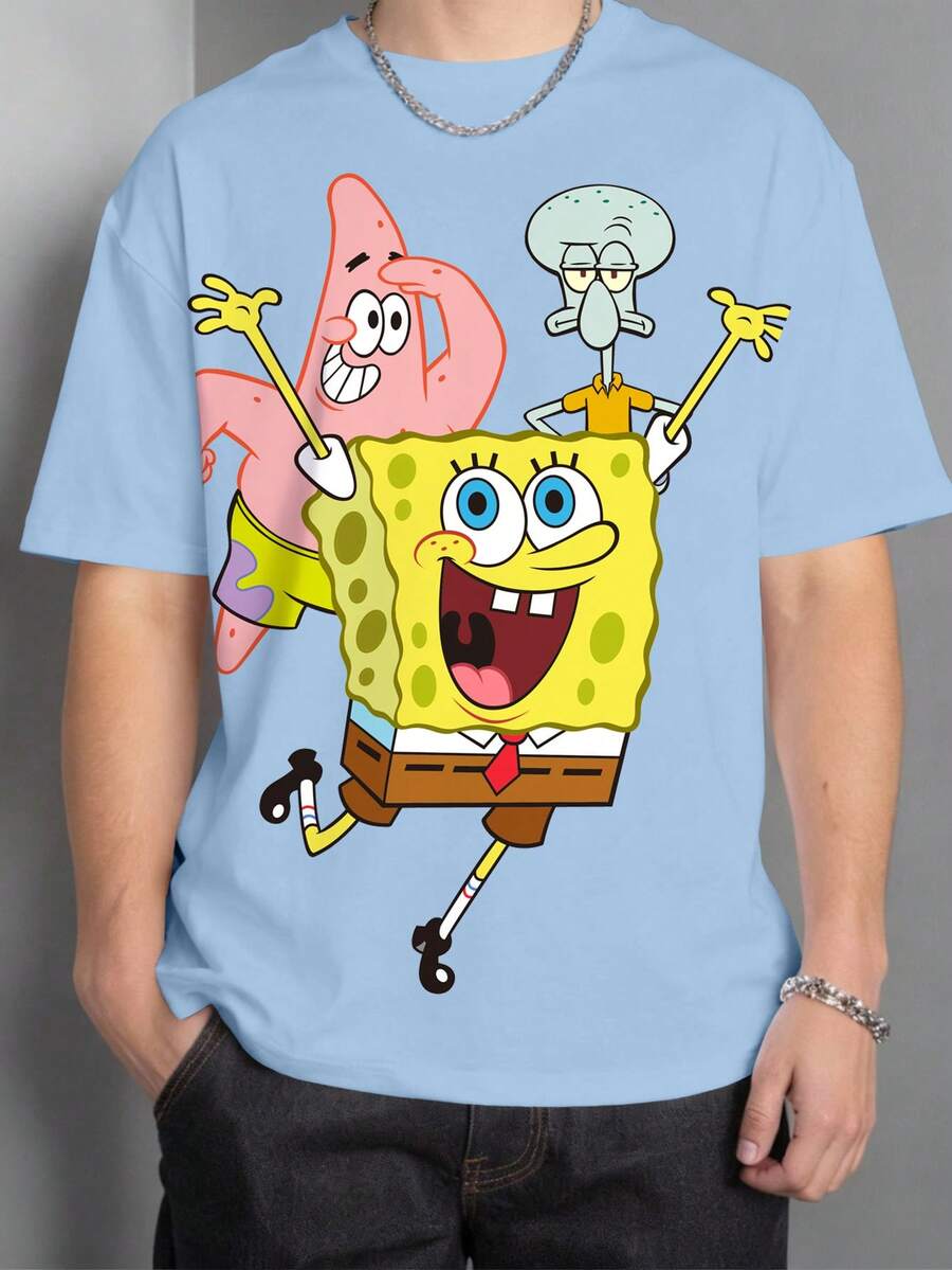 SpongeBob SquarePants | SHEIN T-shirt col rond à manches courtes bleu d'été confortable et décontracté avec motif de bande dessinée mignon pour garçon préadolescent - Blanc - Voir 1