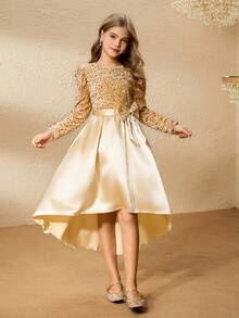 Elegantes Kleid für Mädchen im Teenager-Alter aus champagnerfarbenem Samt mit Pailletten, Langarm, tailliert mit Schleife, Rüschensaum aus Satin