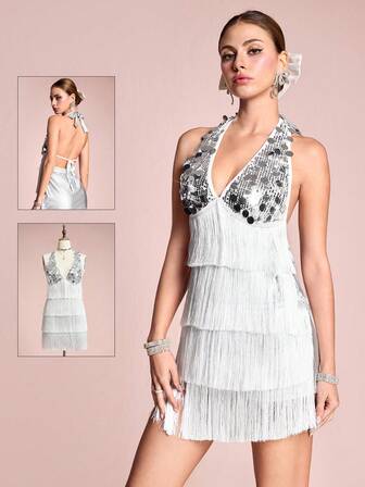 ROMWE Avant Robe mini argentée pour femme, style Y2K sexy, patchwork de sequins, cras-du-couter, à plusieurs couches avec franges sur l'ourlet