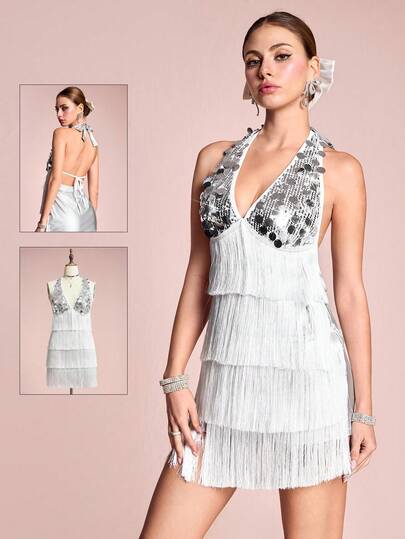 ROMWE Avant Vestido mini plateado de mujer con parches de lentejuelas, cuello halter, multicapa y flecos en el bajo, para fiesta y estilo Y2K