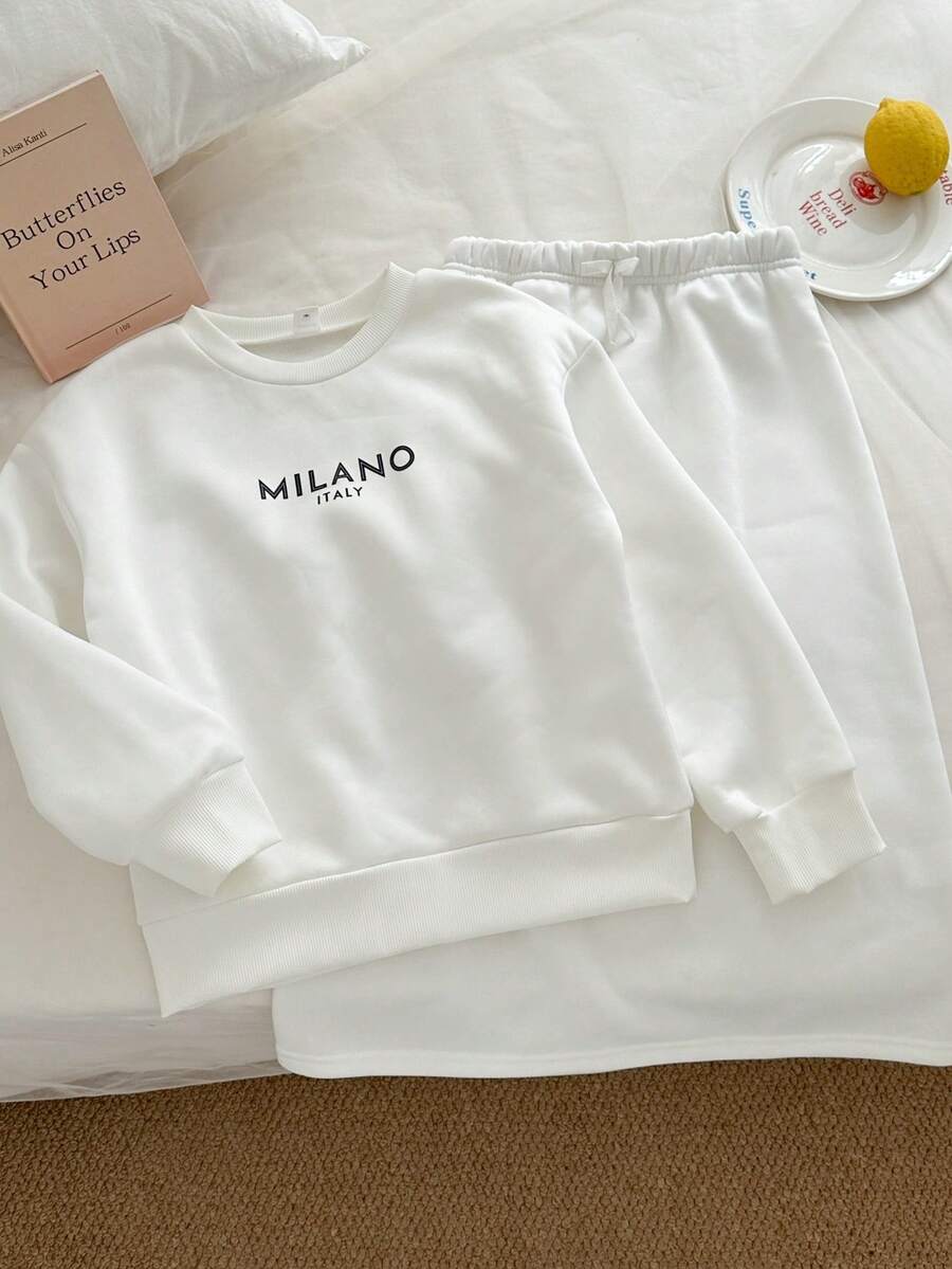 Genkimix Kids 2pcs/Set Tween Girl Letter Print Fleece Sweatshirt And Maxi Skirt , Winter Kids Outfit - White - View 1