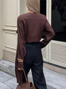 Siren Gaze New Spring/Autumn Style Brown Ribbon And Metal Button Blouse For Women, Brown Slouchy Collar Irregular Shirt Coffee Brown Top Casual - Brown - View 2