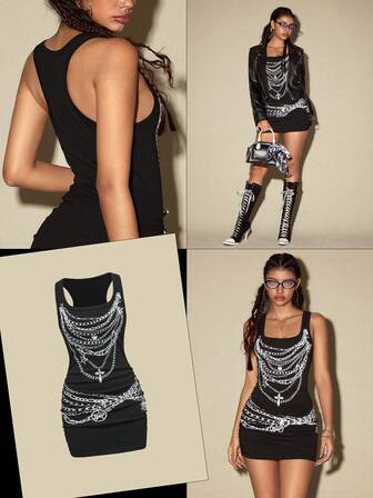 ROMWE Avant Abito mini sexy da donna con scollo a V basso, decorato con catena nera e stampa, adatto per l'estate, la spiaggia, la laurea, la Pasqua, i concerti, le vacanze a Nashville, i festival musicali