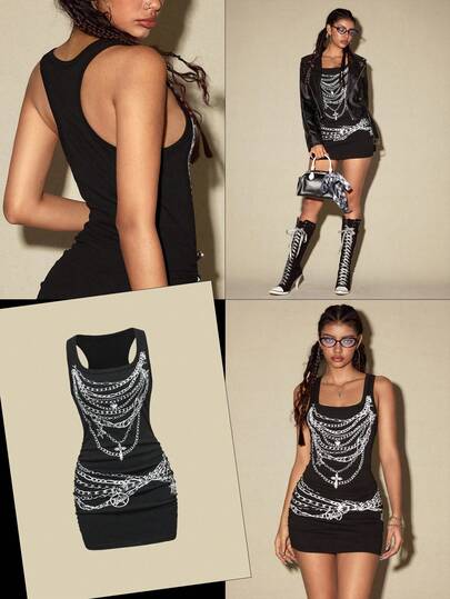 ROMWE Avant Abito mini sexy da donna con scollo a V basso, decorato con catena nera e stampa, adatto per l'estate, la spiaggia, la laurea, la Pasqua, i concerti, le vacanze a Nashville, i festival musicali