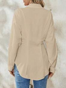 Chiquease 女士优雅假日褶皱侧扣前长袖衬衫 - 卡其色 - 查看 2