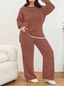 Color Block Edged Long Sleeve Sweater And Knitted Pants Two Pieces Set - Rusty Rose - View 4