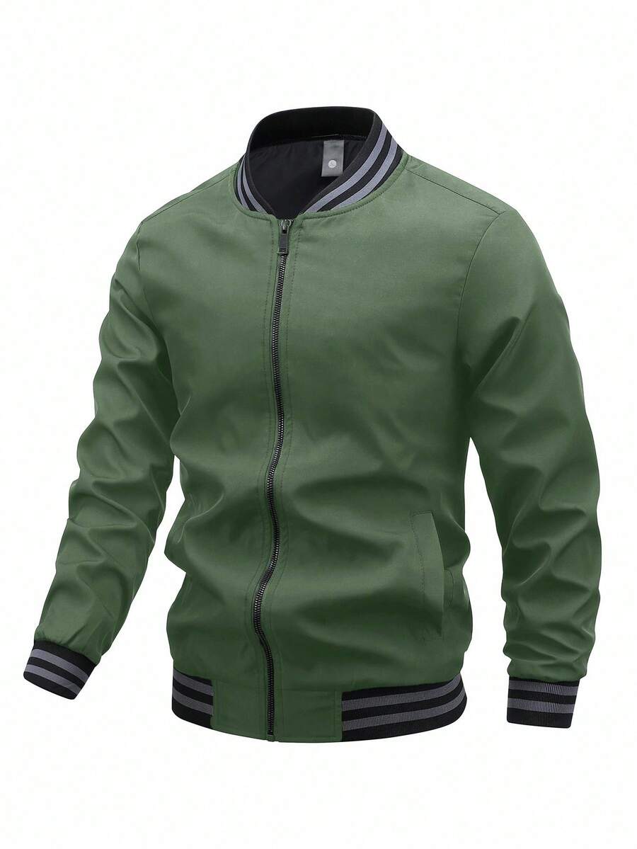 Manfinity Homme Chaqueta universitaria con cremallera y ribete a rayas de corte holgado para hombre - Verde militar - Ver 1