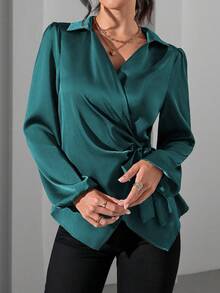 EMERY ROSE Western Inspired Shiny Fabric Side Tie And Puff Sleeve Casual Stylish Women Blouse Fall Cloth For Women - Teal Blue - View 3