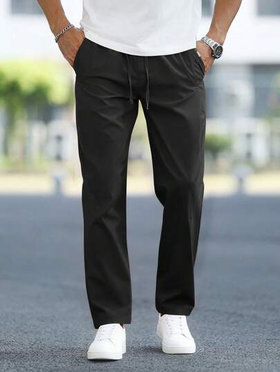 Manfinity Homme Men's Solid Color Drawstring Waist Pockets Straight Leg Casual Pants