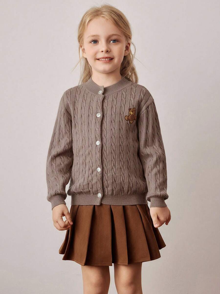 PrepCrw Young Girls' Collegiate Style Bear Embroidery Patch Front Knit Cardigan - Camel - View 1