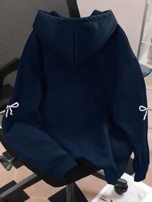 Tween Girls Cute Bow & Letter Print Sweatshirt, Cozy Fall & Winter Styles - Navy Blue - View 2