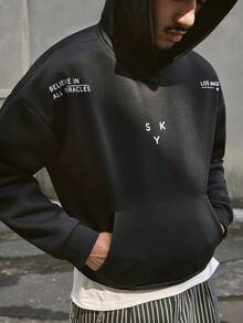 AXEPEAK 男士字母印花休闲口袋长袖宽松连帽卫衣 - 黑色 - 查看 1