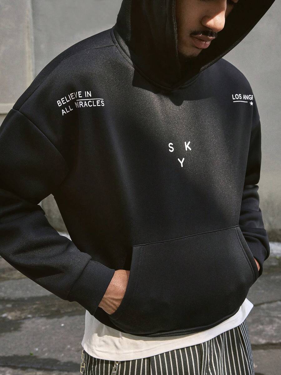 AXEPEAK 男士字母印花休闲口袋长袖宽松连帽卫衣 - 黑色 - 查看 1