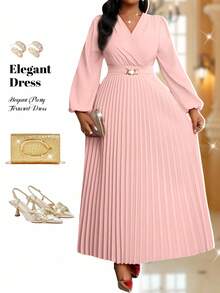 Fleurora 大码纯色褶皱连衣裙，时尚夏季教堂礼服，适合女性节日穿着 - 藕粉色 - 查看 4