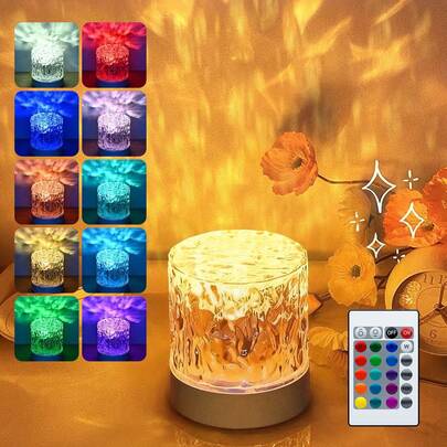Teckwe 圆形水晶造型床头灯，创意床头灯，旋转水波纹效果，火焰氛围灯，16色可调，带遥控器，卧室RGB遥控夜灯，旋转水波纹设计，适用于房间、卧室、走廊装饰