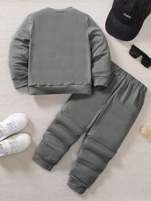 4-7 Years Old Kids Spring/Autumn/Winter Knitted Round Neck Cute Horse Print Long Sleeve T-Shirt And Knitted Horse Print Sports Pants Set, Suitable For Daily Wear, Sports, Vacation, Party, Holiday, Casual Outings, Essential Basic - Grey - View 2
