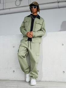 PAVTROS 男士休闲拉链夹克和阔腿裤套装 - 軍綠色 - 查看 1