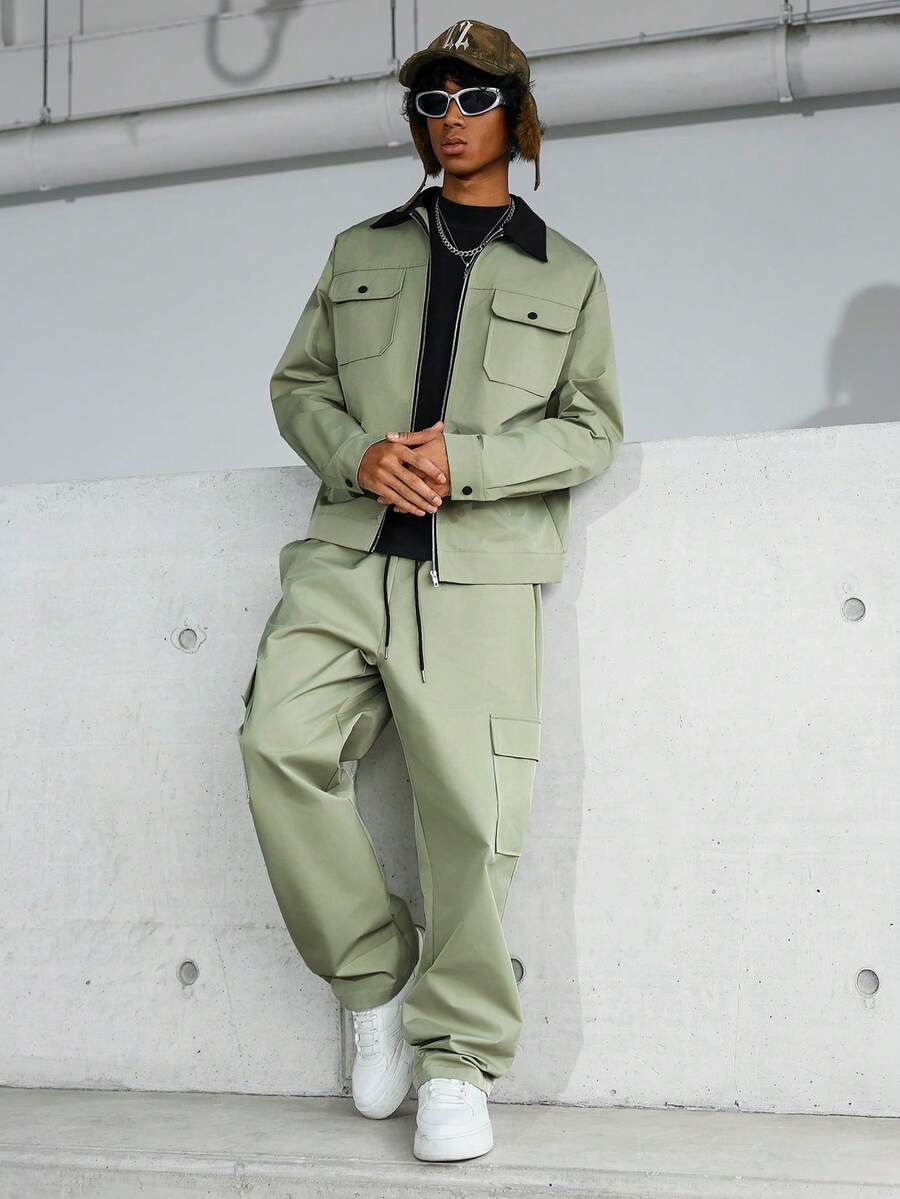 PAVTROS 男士休闲拉链夹克和阔腿裤套装 - 軍綠色 - 查看 1