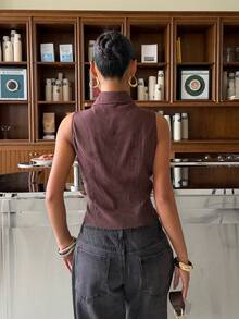 SHEIN EZwear Y2K Tops Brown Striped Woven Sleeveless Top,Tank Top - Brown - View 6