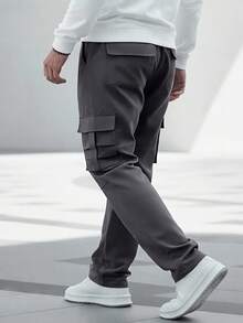 Manfinity CasualCool 男士纯色抽绳腰带工装口袋休闲宽松裤 - 深灰色 - 查看 3