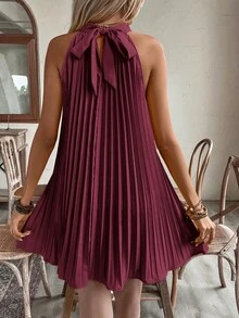 Breezaya Halter Off-Shoulder  Pleated Holiday Casual Dress For New Year Clothes Vacation Beach Outfits Women - Burgundy - View 2
