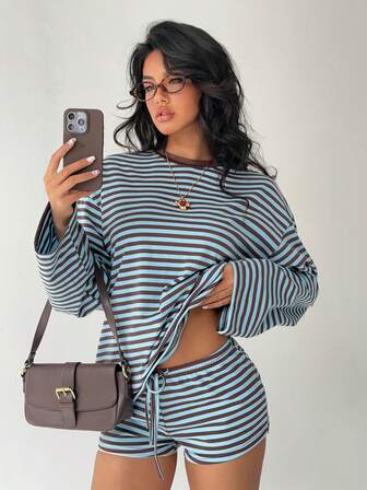 Aloruh Women Striped Long Sleeve Top And Shorts 2 Pieces Set Fall Clothes Fall Clothes For Women All Outfits Women  Fall Outfits For Women Fall Outfits Autumn Clothes Women's Fall Clothes Striped Set Casual Striped Set Striped Shorts Set
