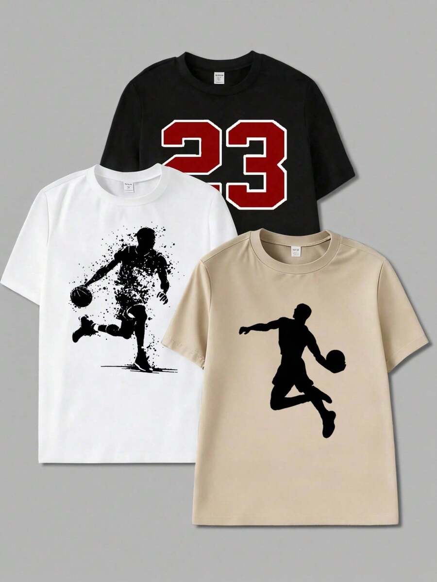 Vacaura 3件套青少年休闲篮球剪影印花圆领短袖T恤，适合春、秋、夏季穿着