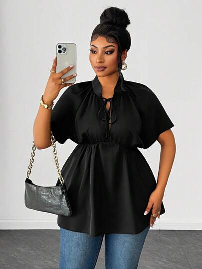 Maweii Plus Size Women's Solid Color Satin Shiny Fabric Stand Collar Tie Waist Short Sleeve A-Line Blouse, Elegant Office Lady Casual Everyday Versatile Chic