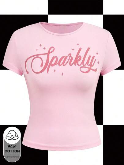 Y2Kool Babi Basques Camiseta ajustada de manga corta con estampado de letras y estrellas para mujer, sexy para fiesta, noche, uso diario, camiseta rosa de mujer para otoño, camiseta brillante rosa, top brillante rosa para mujer, camiseta rosa de mujer, ropa casual y elegante, colección de nuevos atuendos de año nuevo, algodón