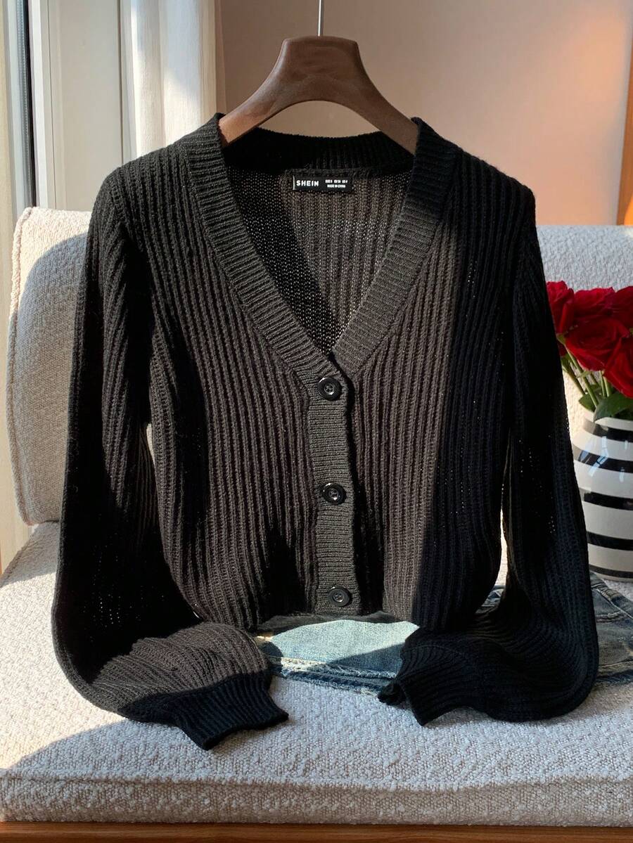 Comfortcana Cárdigan de punto acanalado con botones, cuello en V, mangas largas, suelto y casual, para otoño e invierno - Negro - Ver 1